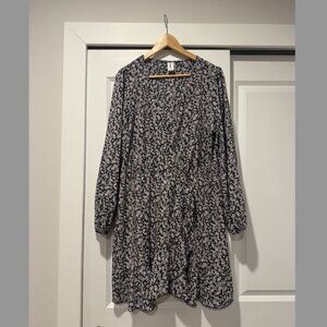 Floral long-sleeve faux wrap dress with ruffle hem, like new